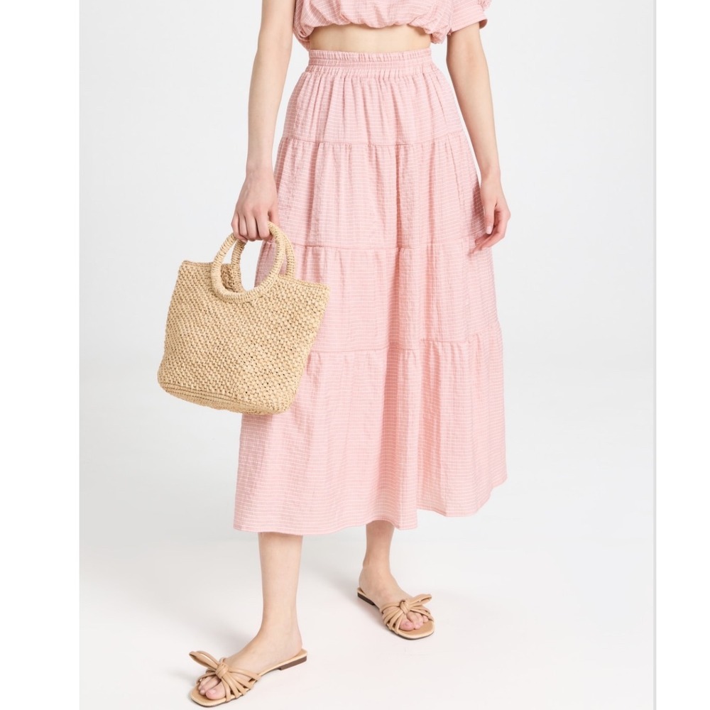 EN SAISON | Peach Pink Sparkle Tiered Boho Feminine Stripe Midi Skirt, Size S